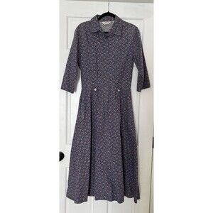 Orvis Maxi Shirt Dress 12 Vintage Floral Blue Cottage Core Hidden Button Pocket